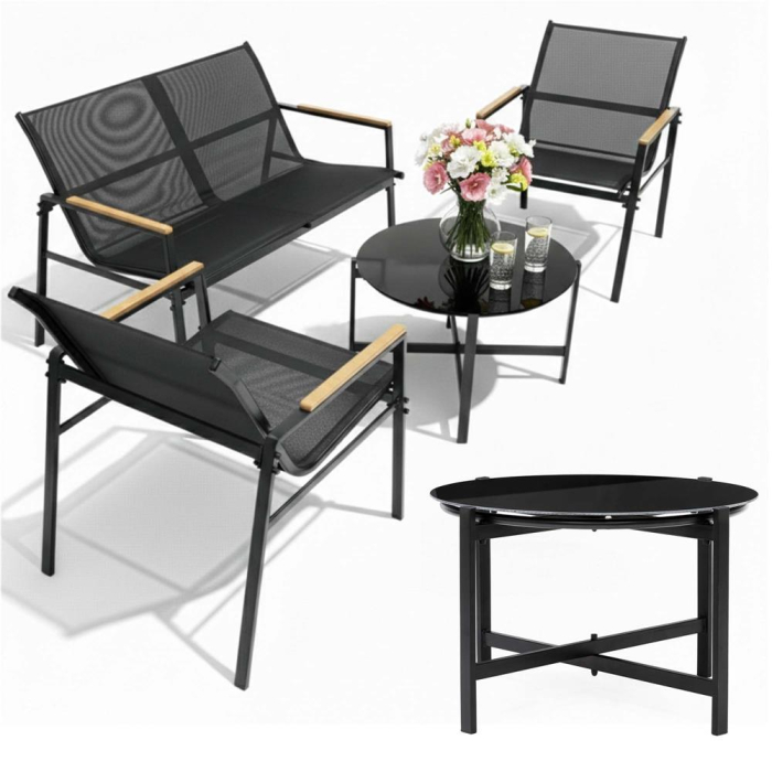Set mobilier gradina 4 locuri, canapea 2 locuri, 2 scaune si masa rotunda sticla, cadru metalic, 119x71x82 cm, negru [5]