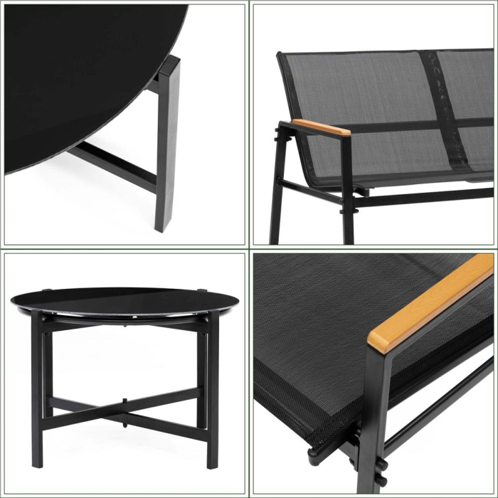 Set mobilier gradina 4 locuri, canapea 2 locuri, 2 scaune si masa rotunda sticla, cadru metalic, 119x71x82 cm, negru [22]