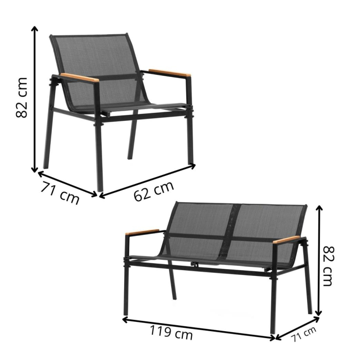 Set mobilier gradina 4 locuri, canapea 2 locuri, 2 scaune si masa rotunda sticla, cadru metalic, 119x71x82 cm, negru [20]