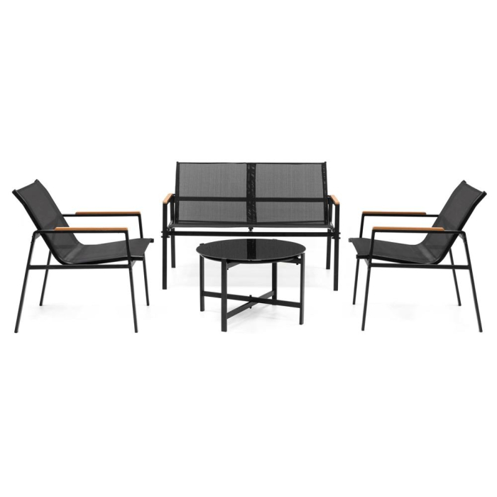 Set mobilier gradina 4 locuri, canapea 2 locuri, 2 scaune si masa rotunda sticla, cadru metalic, 119x71x82 cm, negru [4]