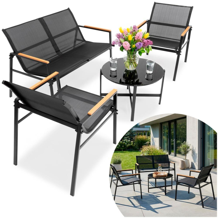 Set mobilier gradina 4 locuri, canapea 2 locuri, 2 scaune si masa rotunda sticla, cadru metalic, 119x71x82 cm, negru [23]