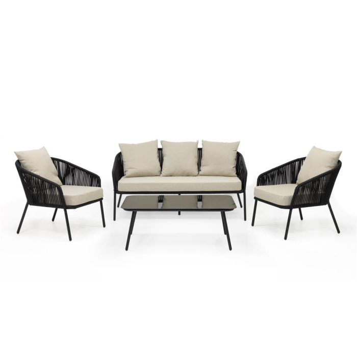 Set mobilier gradina 4 piese cu canapea sofa, 2 fotolii si masa sticla, cadru metalic, negru cu perne bej [2]