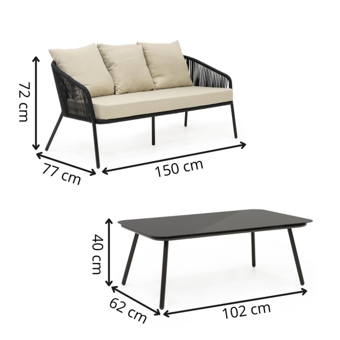 Set mobilier gradina 4 piese cu canapea sofa, 2 fotolii si masa sticla, cadru metalic, negru cu perne bej [6]
