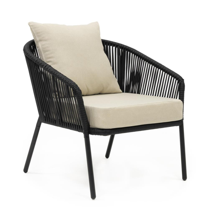 Set mobilier gradina 4 piese cu canapea sofa, 2 fotolii si masa sticla, cadru metalic, negru cu perne bej [18]
