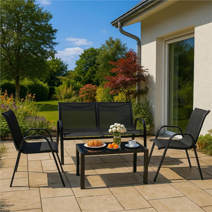Set mobilier gradina 4 piese, masa cu sticla securizata, 2 scaune si canapea, cadru metalic, negru [33]