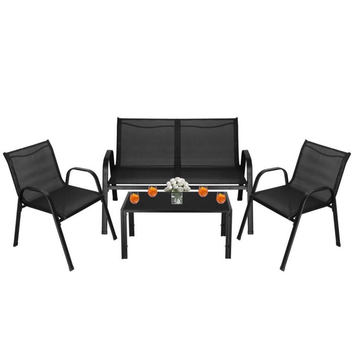 Set mobilier gradina 4 piese, masa cu sticla securizata, 2 scaune si canapea, cadru metalic, negru [8]