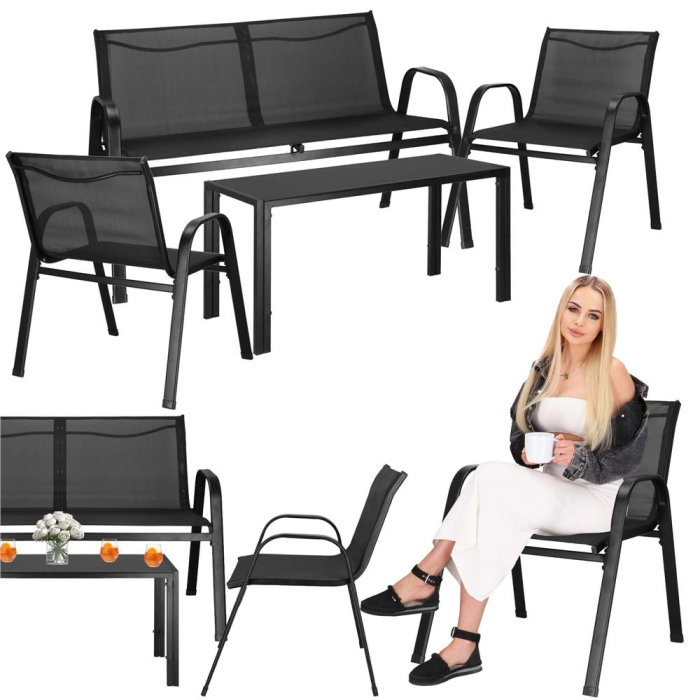Set mobilier gradina 4 piese, masa cu sticla securizata, 2 scaune si canapea, cadru metalic, negru [21]