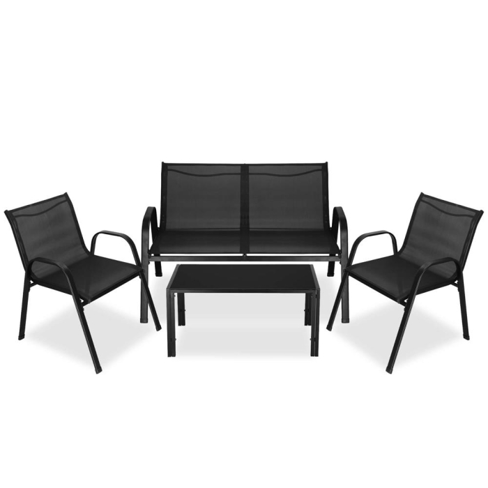 Set mobilier gradina 4 piese, masa cu sticla securizata, 2 scaune si canapea, cadru metalic, negru [32]