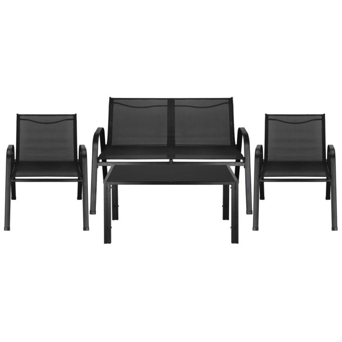 Set mobilier gradina 4 piese, masa cu sticla securizata, 2 scaune si canapea, cadru metalic, negru [18]