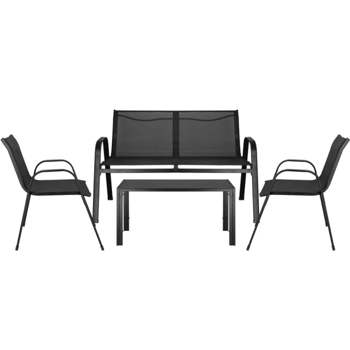 Set mobilier gradina 4 piese, masa cu sticla securizata, 2 scaune si canapea, cadru metalic, negru [4]