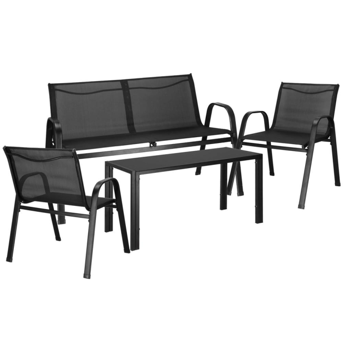 Set mobilier gradina 4 piese, masa cu sticla securizata, 2 scaune si canapea, cadru metalic, negru [2]