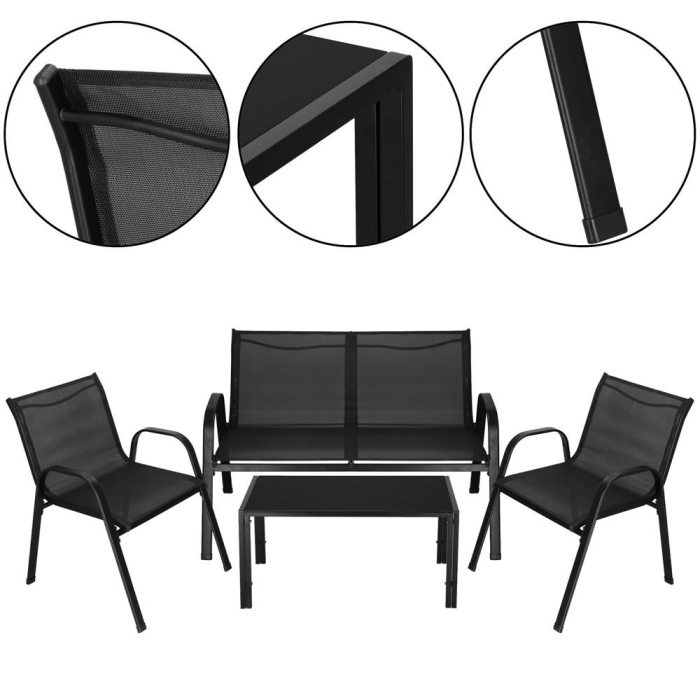 Set mobilier gradina 4 piese, masa cu sticla securizata, 2 scaune si canapea, cadru metalic, negru [17]