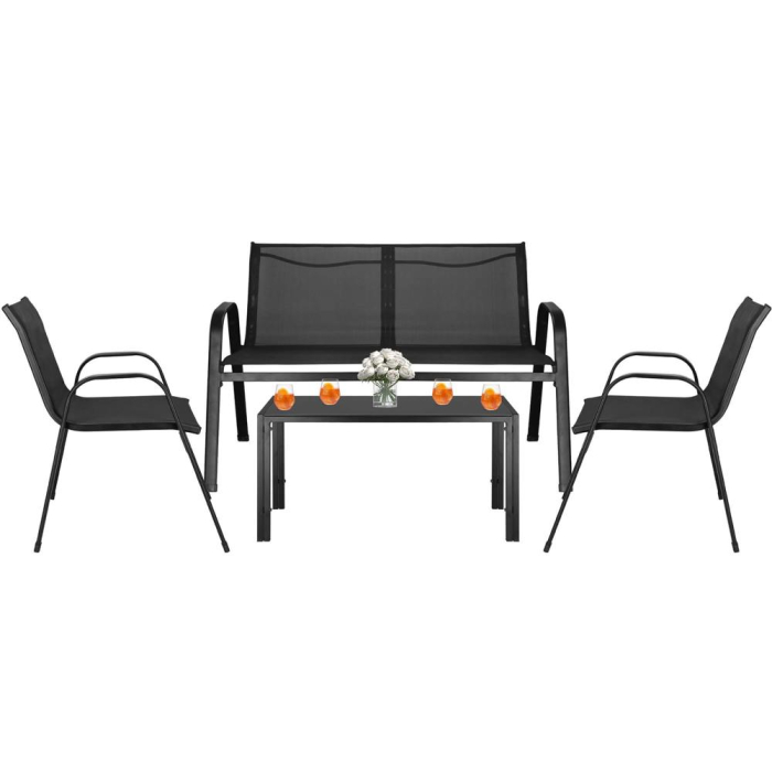 Set mobilier gradina 4 piese, masa cu sticla securizata, 2 scaune si canapea, cadru metalic, negru [7]