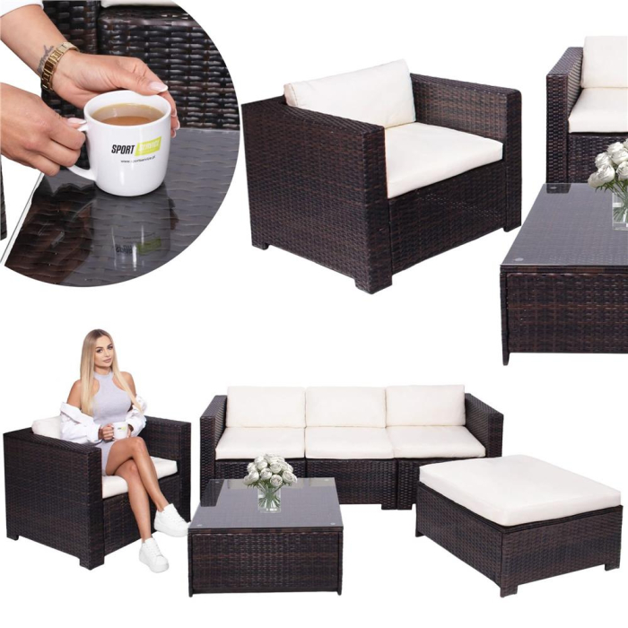 Set mobilier gradina 6 piese din technorattan cu masa si perne, instalare modulara configurabila, maro si crem [4]
