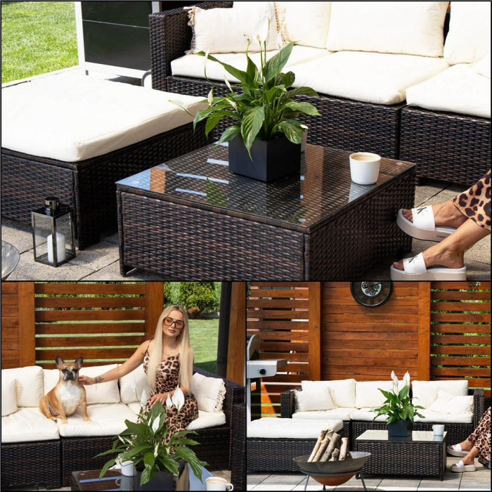 Set mobilier gradina 6 piese din technorattan cu masa si perne, instalare modulara configurabila, maro si crem [33]