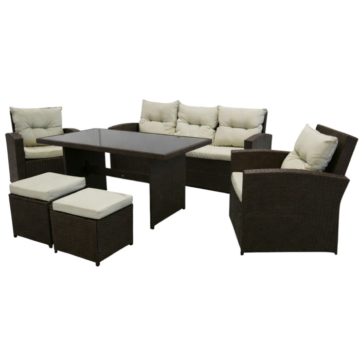 Set mobilier gradina 7 piese, canapea 3 locuri, 2 fotolii, 2 tabureti si masa cu blat de sticla, ratan PE, maro si bej [9]
