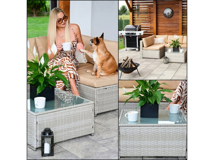 Set mobilier gradina 7 piese, canapea modulara colt L sau U, perne groase, masa cu blat sticla, technoratan, bej [26]