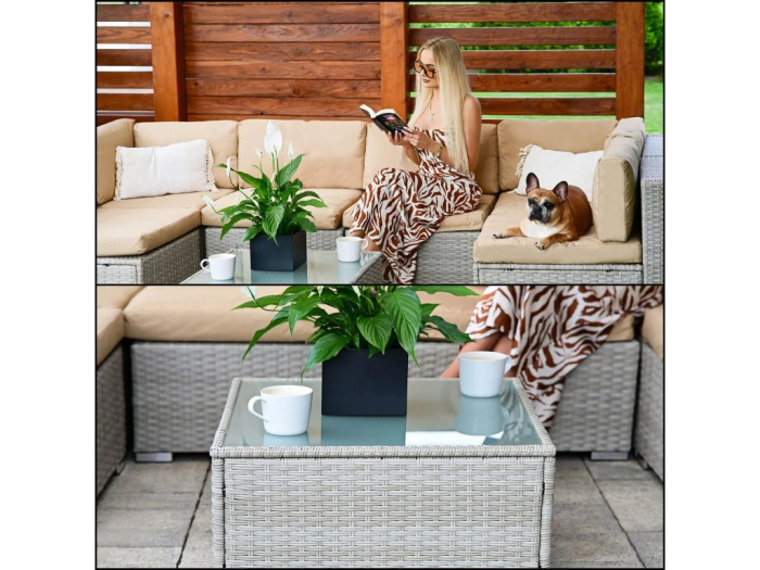 Set mobilier gradina 7 piese, canapea modulara colt L sau U, perne groase, masa cu blat sticla, technoratan, bej [29]