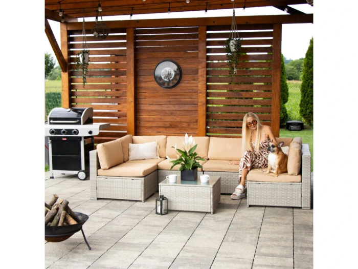 Set mobilier gradina 7 piese, canapea modulara colt L sau U, perne groase, masa cu blat sticla, technoratan, bej [2]