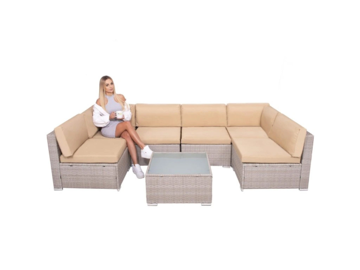 Set mobilier gradina 7 piese, canapea modulara colt L sau U, perne groase, masa cu blat sticla, technoratan, bej [7]