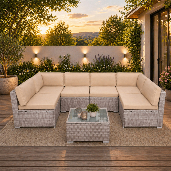Set mobilier gradina 7 piese, canapea modulara colt L sau U, perne groase, masa cu blat sticla, technoratan, bej [28]