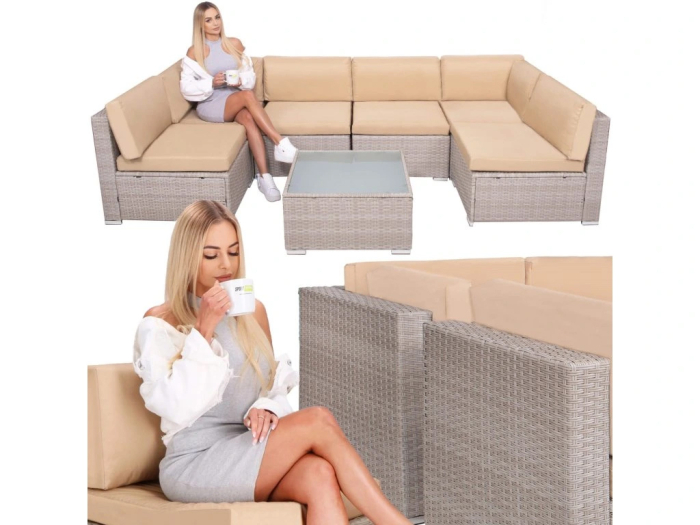 Set mobilier gradina 7 piese, canapea modulara colt L sau U, perne groase, masa cu blat sticla, technoratan, bej [3]