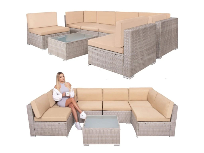 Set mobilier gradina 7 piese, canapea modulara colt L sau U, perne groase, masa cu blat sticla, technoratan, bej [5]