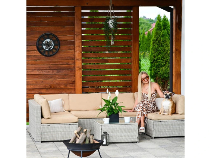Set mobilier gradina 7 piese, canapea modulara colt L sau U, perne groase, masa cu blat sticla, technoratan, bej [30]