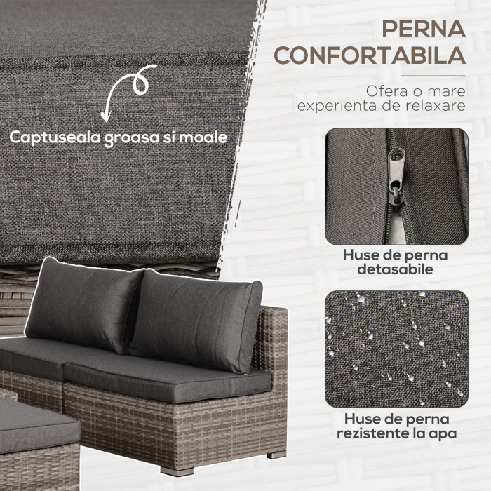 Set Mobilier Gradina 8 Piese, Canapea cu Masuta de Cafea din Ratan PE si Structura de Aluminiu, 75x75x71 cm, Gri [7]