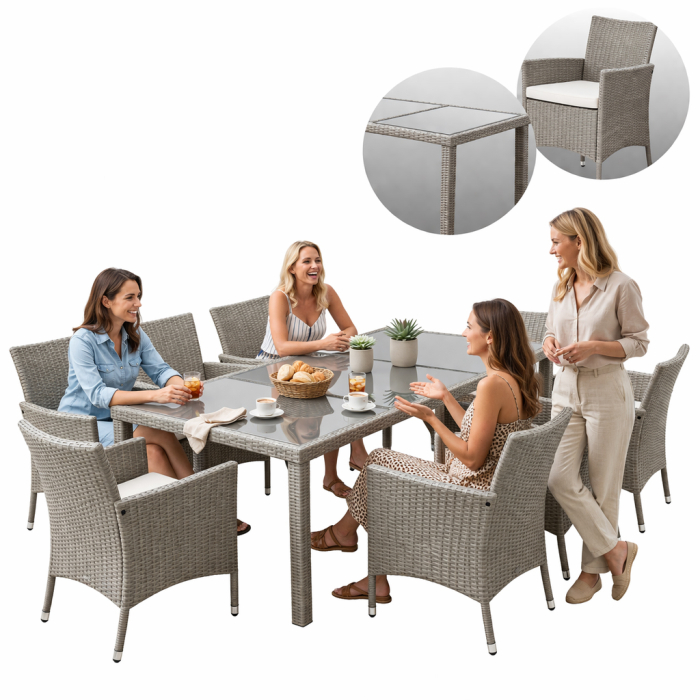 Set mobilier gradina 8 scaune si masa 196x98x73 cm, ratan si cadru otel zincat, blat masa sticla securizata, gri [7]