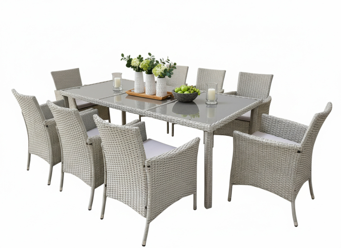 Set mobilier gradina 8 scaune si masa 196x98x73 cm, ratan si cadru otel zincat, blat masa sticla securizata, gri [8]