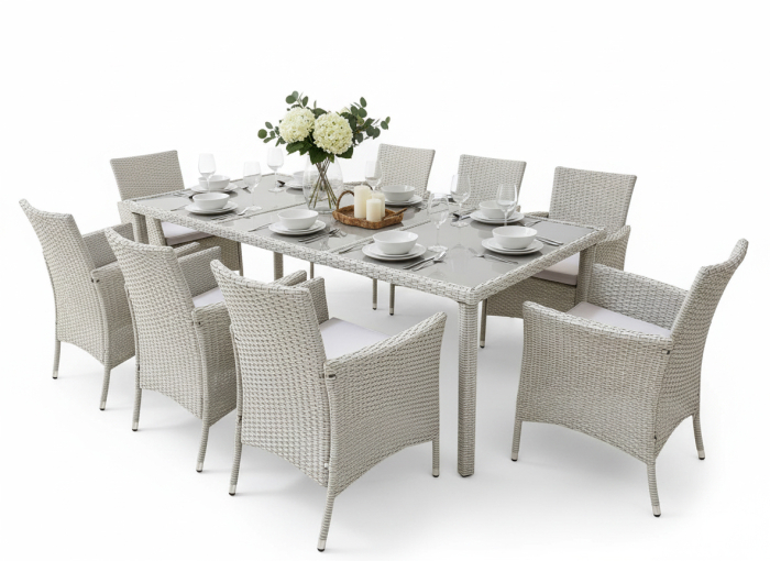 Set mobilier gradina 8 scaune si masa 196x98x73 cm, ratan si cadru otel zincat, blat masa sticla securizata, gri [4]