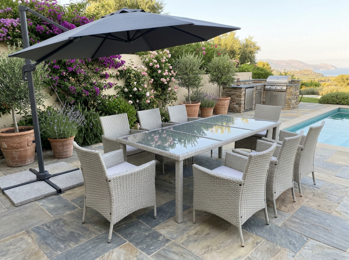 Set mobilier gradina 8 scaune si masa 196x98x73 cm, ratan si cadru otel zincat, blat masa sticla securizata, gri [11]