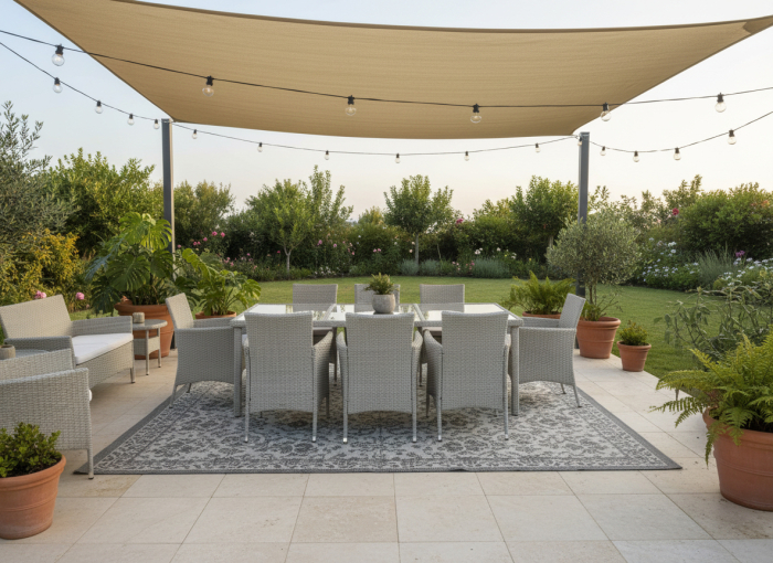 Set mobilier gradina 8 scaune si masa 196x98x73 cm, ratan si cadru otel zincat, blat masa sticla securizata, gri [9]