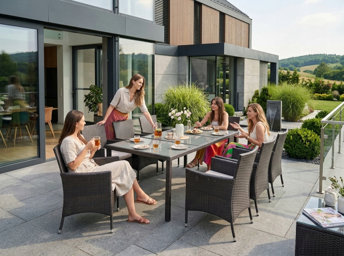 Set mobilier gradina 8 scaune si masa 196x98x73 cm, ratan si cadru otel zincat, blat masa sticla securizata, maro [15]