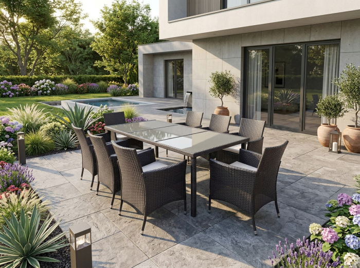 Set mobilier gradina 8 scaune si masa 196x98x73 cm, ratan si cadru otel zincat, blat masa sticla securizata, maro [13]