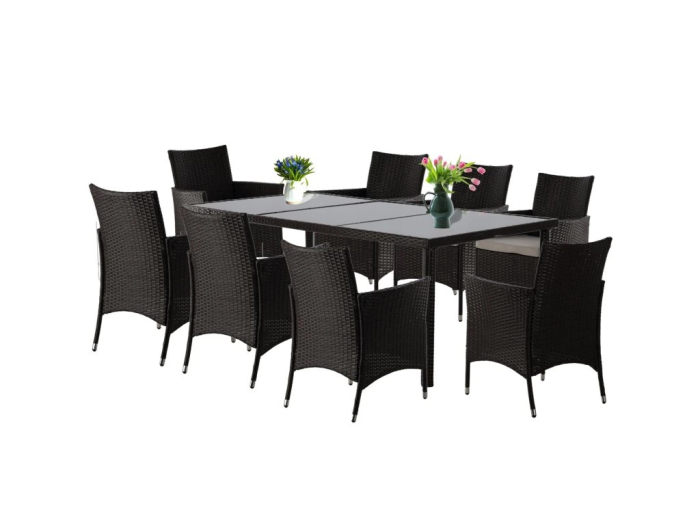 Set mobilier gradina 8 scaune si masa 196x98x73 cm, ratan si cadru otel zincat, blat masa sticla securizata, maro [2]