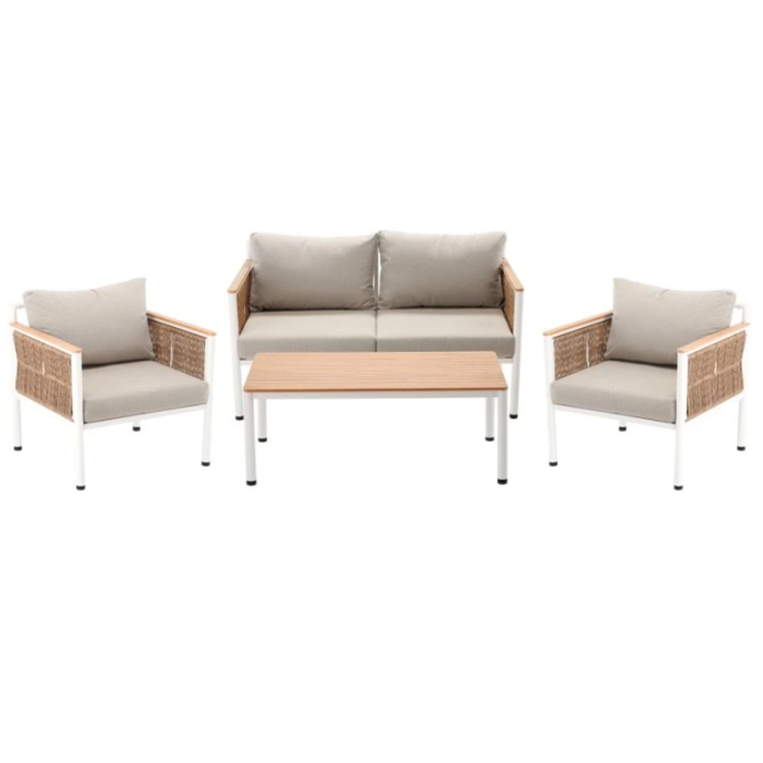 Set mobilier gradina Belgrad 4 piese, cu perne, canapea 2 locuri, 2 fotolii si masa, cadru aluminiu, 129x68x70 cm, bej [2]