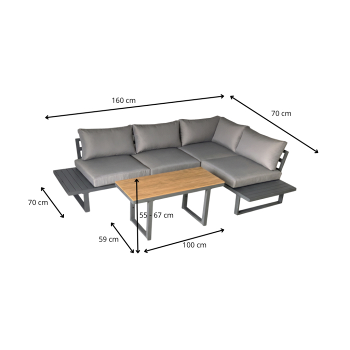 Set mobilier gradina Bogota coltar modular, 2 canapele si masa cu inaltime reglabila, cadru aluminiu, 160x70x79 cm, gri [9]