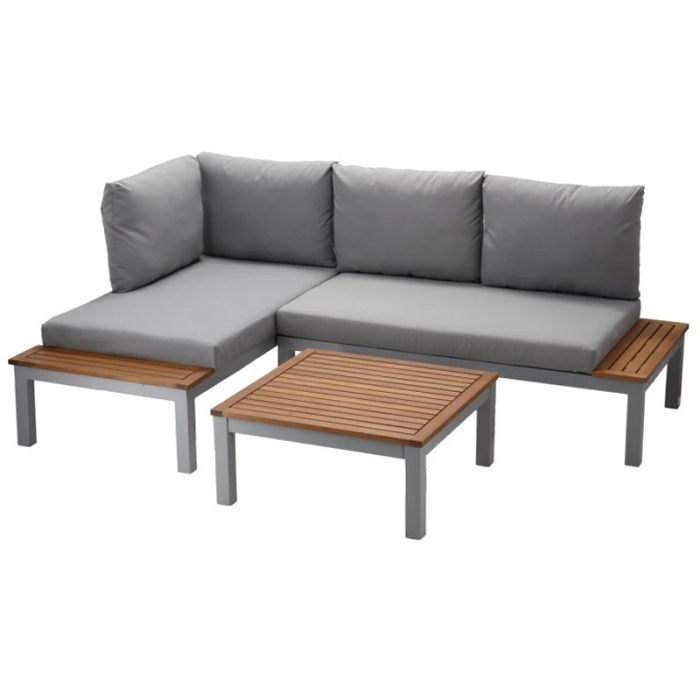 Set mobilier gradina Bohito modular cu perne, 2 canapele si masa, cadru aluminiu si lemn eucalipt, 138x76 cm, gri [2]