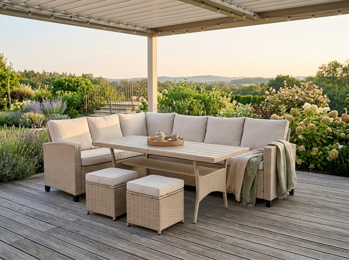 Set mobilier gradina Cesme 4 piese, canapea, masa si 2 tabureti, ratan PE, 179x65x73 cm, bej [2]