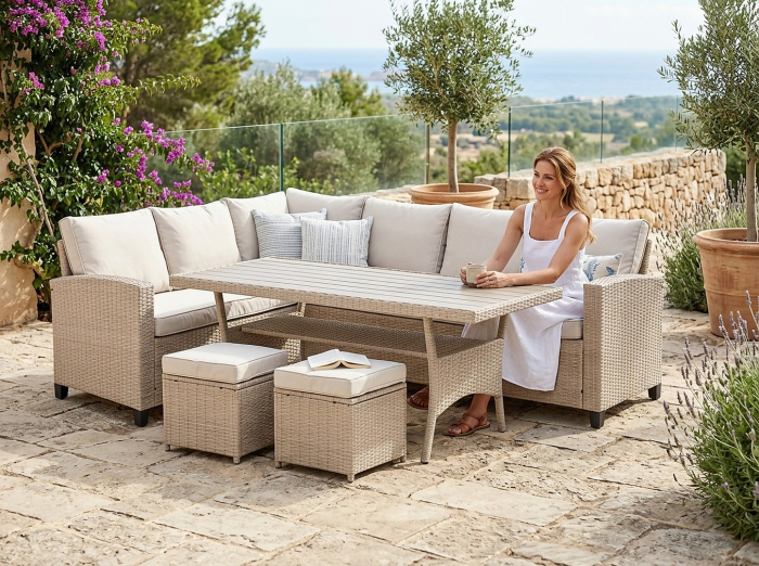 Set mobilier gradina Cesme 4 piese, canapea, masa si 2 tabureti, ratan PE, 179x65x73 cm, bej [6]