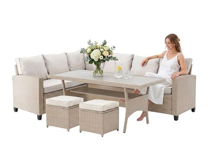 Set mobilier gradina Cesme 4 piese, canapea, masa si 2 tabureti, ratan PE, 179x65x73 cm, bej [5]