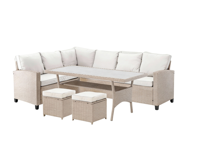 Set mobilier gradina Cesme 4 piese, canapea, masa si 2 tabureti, ratan PE, 179x65x73 cm, bej [3]