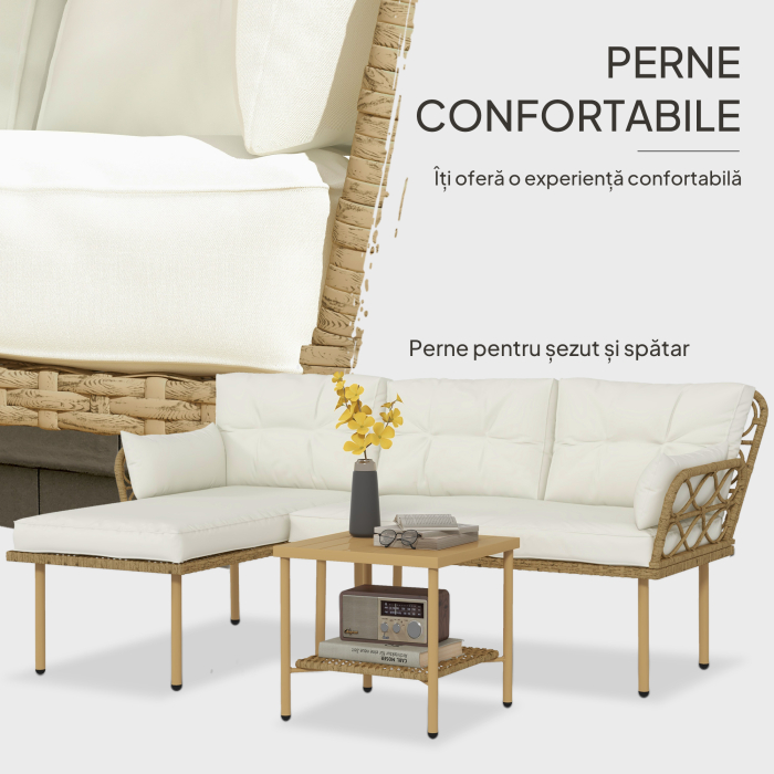  Set mobilier gradina coltar 4 persoane, 3 piese cu masuta si perne confortabile incluse, ratan impletit, crem [5]