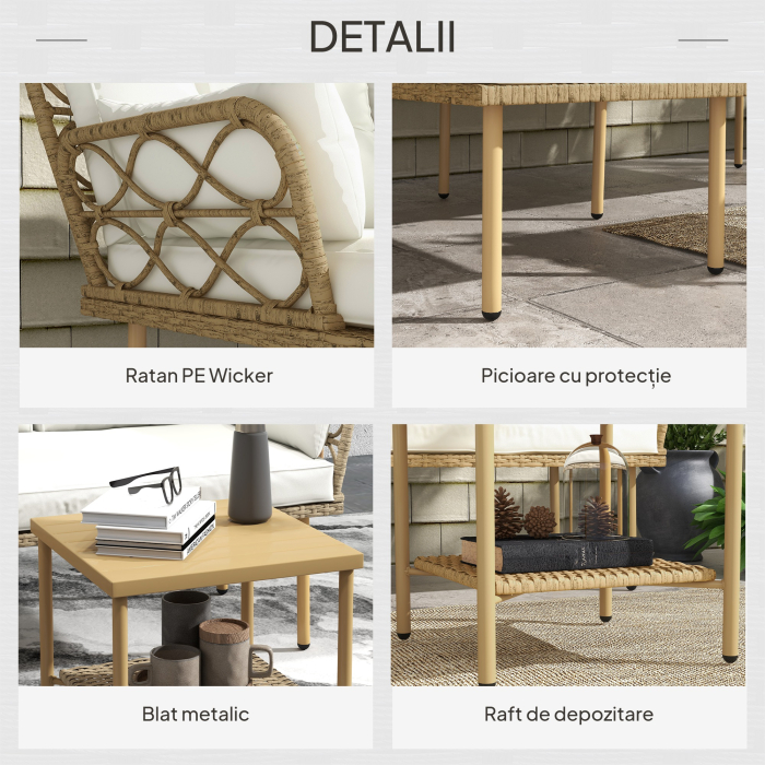  Set mobilier gradina coltar 4 persoane, 3 piese cu masuta si perne confortabile incluse, ratan impletit, crem [6]