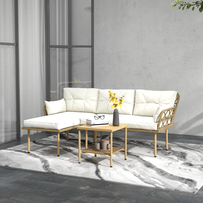  Set mobilier gradina coltar 4 persoane, 3 piese cu masuta si perne confortabile incluse, ratan impletit, crem [2]