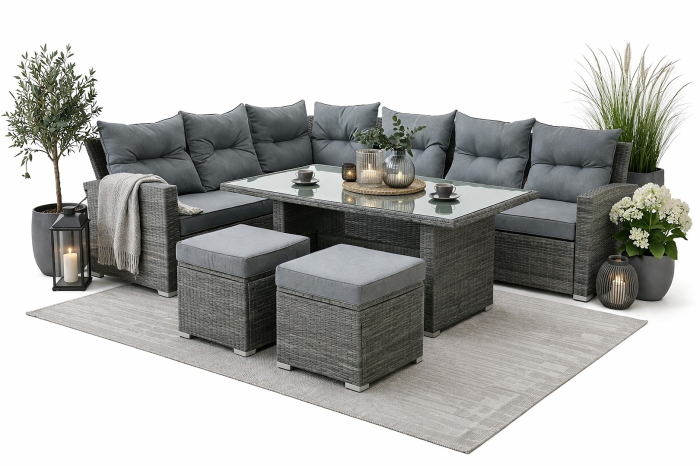 Set mobilier gradina coltar 4 piese, canapea, masa si 2 tabureti, ratan PE, 182x68x68 cm, gri [12]