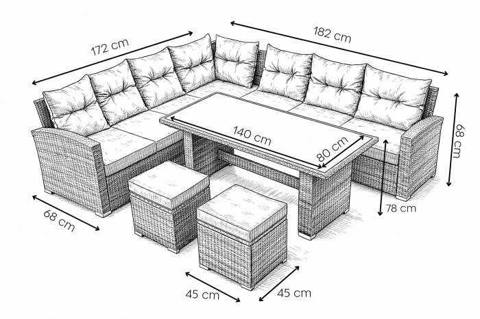 Set mobilier gradina coltar 4 piese, canapea, masa si 2 tabureti, ratan PE, 182x68x68 cm, gri [11]