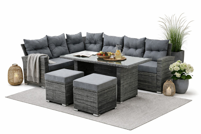 Set mobilier gradina coltar 4 piese, canapea, masa si 2 tabureti, ratan PE, 182x68x68 cm, gri [10]